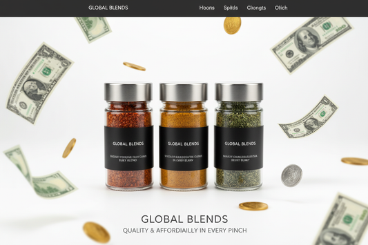 Landing Page for spice blends with money falling out of it.
